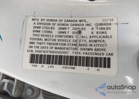 2013 Honda Civic Ex-L из США, поврежденный, VIN 2HGFB2F90DH502497